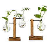 Set van 2 glazen knoppenvazen ​​met houten standaard, moderne hydrocultuur vazen ​​van hartglas, voortplantingsstation desktop plantenbak lampenvaas voor huis tuin kantoordecoratie (vaas met 3 bollen)