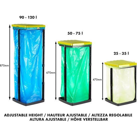 Trash bag stand, trash bag holder up to 120 liters, set of 3, yellow lid, adjustable in height, odorless, yellow bag stand with clamp ring.