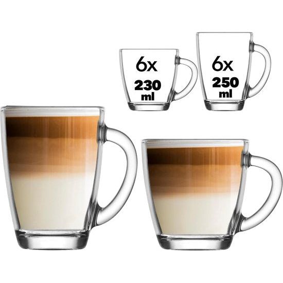 Vienberg - 12-delige Premium glazen met handvat 6x 250ml + 6x 230ml - latte glazen, theeglazen, cappuccino-kopjes - ideaal voor warme dranken