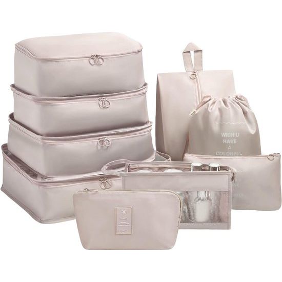 Kofferorganizerset, 9-delig, Packing Cubes, waterdichte reis-kledingtassen, paktassen voor koffer, verpakkingskubus met cosmeticatas, digitale tas, USB-kabel (beige)