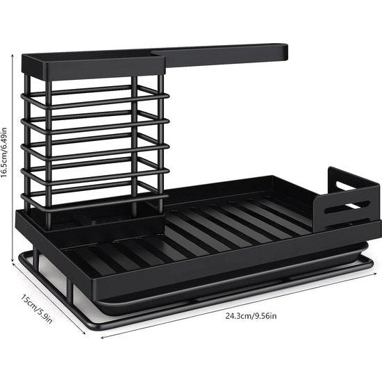 Spoelbakorganizer, roestvrij staal, met kunststof afvoerpan, gootsteenorganizer voor keuken en badkamer, spons, borstels, zeepdispenser, zwart