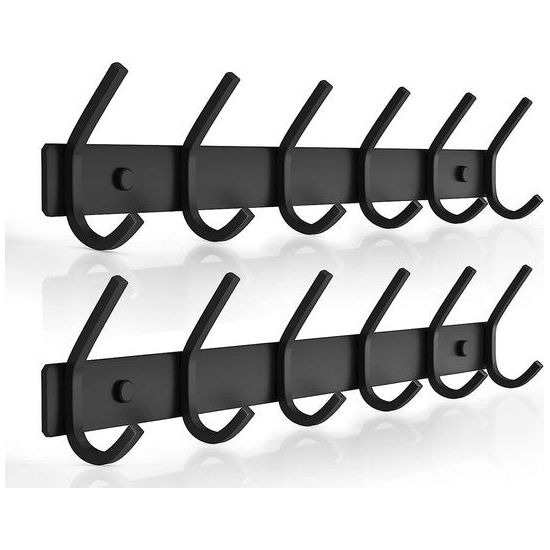 Kapstok, 2 stuks, roestvrij staal, kapstokken, kapstokken, dubbele haken, draaglast tot 30 kg, zwart, 6 haken