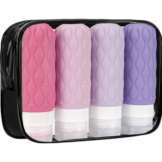 Siliconen reisflessenset 100 ml, set van 4 reisshampoocontainers, BPA-vrije reiscontainer en toiletartikelenset voor shampoocrème, reisflessen met transparante toilettas met ritssluiting