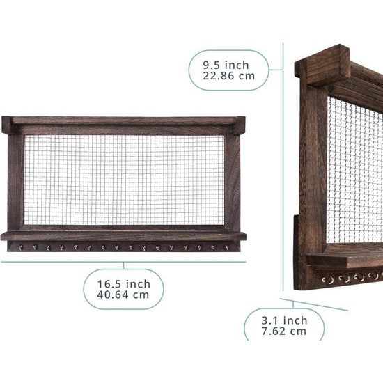 Boho Chic Jewellery Organiser Wall Mount with Detachable Bracelet Bar, 1 Shelf and 16 Hooks - Perfect Storage for Earrings, Necklaces and Bracelets - Jewellery Display