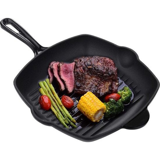 Cast Iron Grill Pan without Coating, Enamelled Cast Iron Frying Pan for Gas Grill Stove Oven, Steak Pan Induction, Easy to Clean, Black