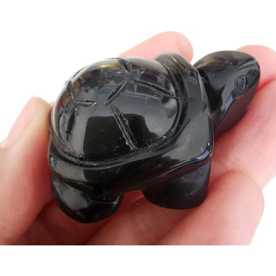 Handgesneden stenen kristallen schildpad, 40 mm klein schildpad dierenbeeldje tas standbeeld sculptuur, zwarte obsidiaan.