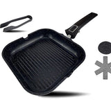 Grillpan 28 x 28 cm met schenktuit en afneembaar handvat Steakpan inductie gecoate pan voor grill incl. grilltang en panbeschermer