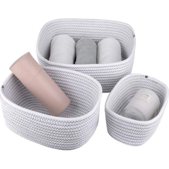 Opbergmanden gemaakt van katoenen touw, stapelbare multifunctionele organizermanden, 30,5 cm, set van 3, wit met zigzaglijnenpatroon.