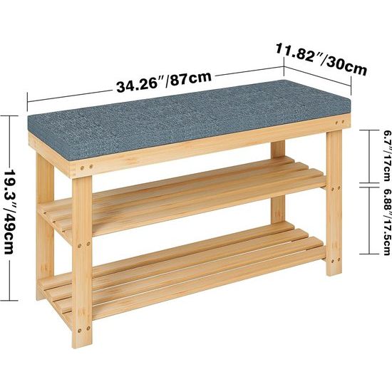 Schoenenbank, bamboe schoenenrek met kussen, schoenenkast met bank, schoenenrek met 3 vakken, stabiel staand rek, ideaal voor entree, badkamer, woonkamer, hal, natuurlijk