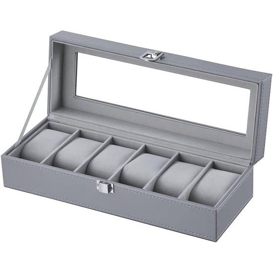 Horlogedoos, horlogedoos voor heren, voor 6 horloges, met glazen venster, horloge-opslag van PU-leer en fluweel, voor horloges en sieraden (grijs-W04G)