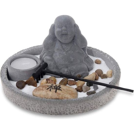 figuur, Japanse miniatuurtuin, Feng Shui wierookstokjeshouder, esoterische set met 3 wierookstokjes - geluksbrenger uit het boeddhisme en het daoïsme (grijs)