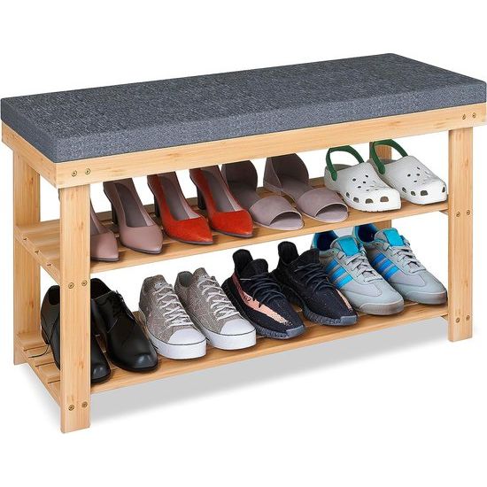 Schoenenbank, bamboe schoenenrek met kussen, schoenenkast met bank, schoenenrek met 3 vakken, stabiel staand rek, ideaal voor entree, badkamer, woonkamer, hal, natuurlijk