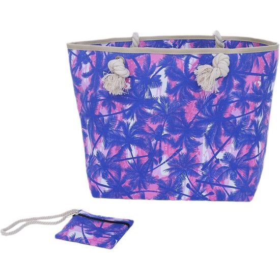 Grote strandtas met ritssluiting, 58 x 38 x 18 cm, veren, shopper-schoudertas, strandstijl synthetisch, blauw / roze