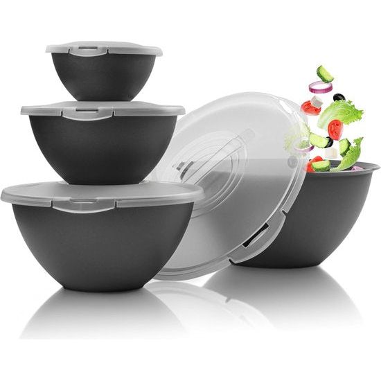 Saladekom, set groot met deksel, bowl, komset, 0,7 - 6 l, antracietzwart, grote kommen van kunststof, BPA-vrij