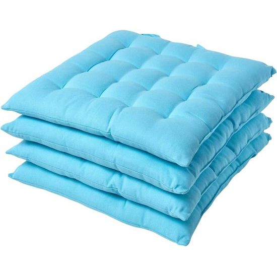 Set van 4 stoelkussens 40 x 40 cm, blauw / lichtblauw, zitkussen met banden en knoopsluiting, effen kussens voor stoelen met overtrek van 100% katoen en zachte polyester vulling