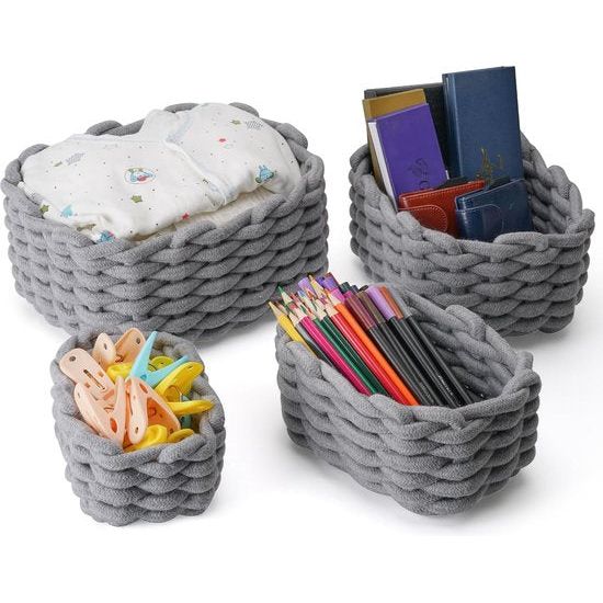 Set of 4 Storage Baskets Braided Cotton Rope - Basket Storage Braided - Stackable Storage Basket for Children's Room Living Room Bathroom, Grey