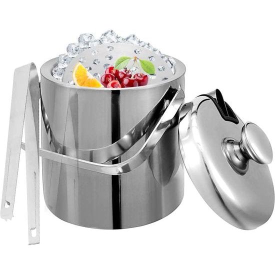 IJsemmer, roestvrij stalen ijsemmer met dubbele isolatie, ijsemmer voor cocktailbar, incl. ijsemmer, tang, deksel, ijsnooster, duurzame koude opslag voor wijn, bier