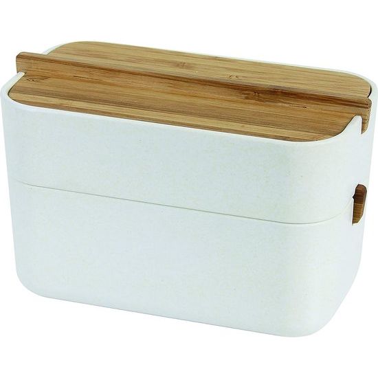 Lexon Cotton-box, wit/bamboe, 15,4 x 9,4 x 8,4 cm