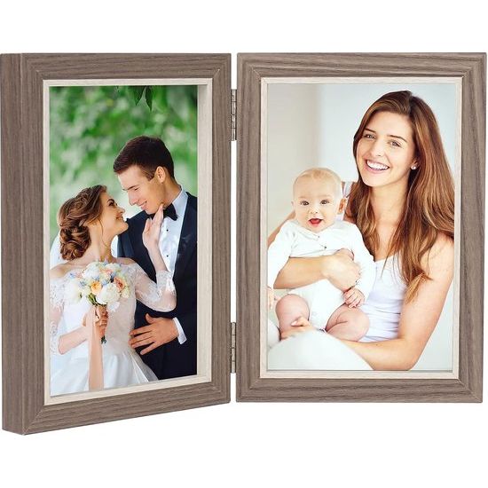 Fotolijst inklapbaar voor 2 foto's, houten fotolijst, collage, fotolijst 10 x 15 cm, hout, horizontaal/portret formaat, fotolijst voor bureau, bruiloft, familie, koffiekleur