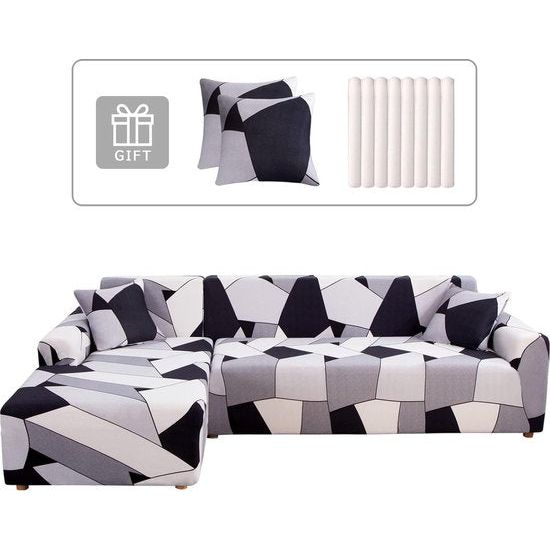Bankhoes Hoekbank L-vorm Bankspreien Stretch bankhoes L-vorm rechts of links met twee kussenhoezen Wasbaar Universele bankhoes L-vorm Bankhoes L-vorm (2 en 2, zwarte geometrie)