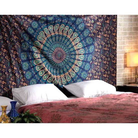 Mandala Wandkleed, Indiaas, bohemian orange psychedelic, bloemenmotief, boho