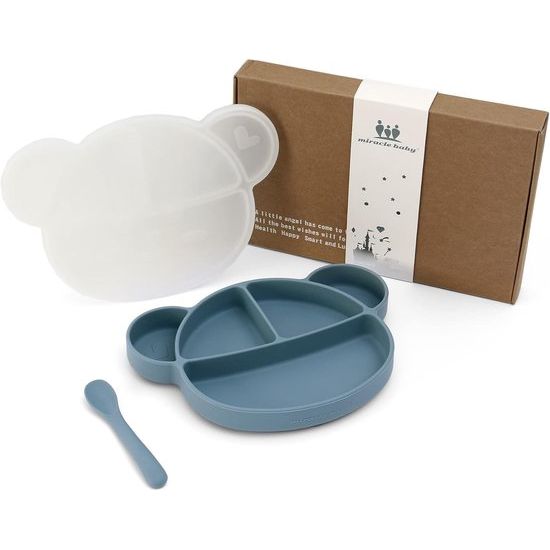 Babybord met antislip zuignap, siliconen kinderbord met deksel en lepel, babybord, onderverdeeld, kleine kinderen, serviesset met geschenkdoos, BPA-vrij en vaatwasmachinebestendig, blauw