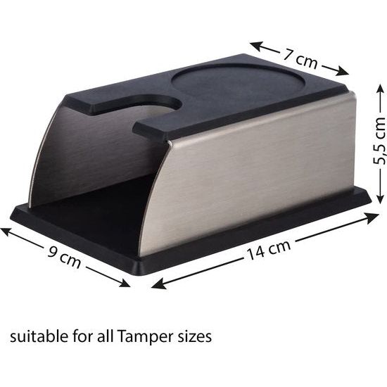 Barista Edition, Premium Tamperstation voor alle tampermaten, 14 x 7/9 cm, H: 5,5 cm, aandrukstation voor espresso-zeefdrager, mat roestvrij staal, siliconen, barista-accessoires, zwart
