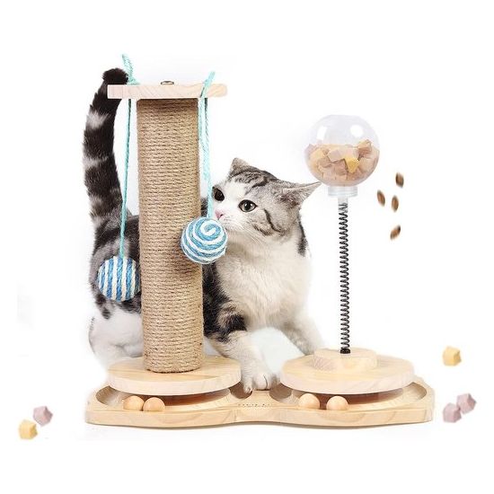 Interactief kattenspeelgoed, kattenvoerspeelgoed met houten ballen, traktatiespeelgoed voor binnenkatten en kittens, kattenkrabpaal met hangende bal