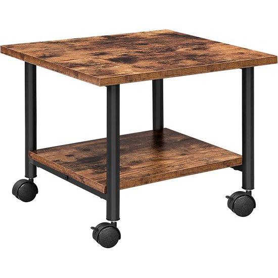 Printertafel, Printerwagen met afsluitbare wielen, printerstandaard, rollbar met 2 niveaus, printerhouder, industrieel ontwerp, rolcontainer, voor kantoor, fax, donkerbruin en zwart