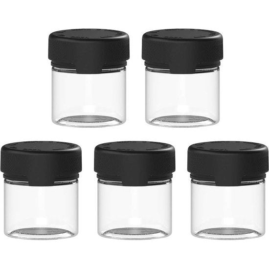 Aviator PET-plastic containers voor droge goederen, poeders en medicijnen met kindveilige doppen, 5 x containers, doorzichtige natuurlijke container, zwart deksel, 1oz / 30cc / 30ml