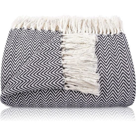 Premium sprei met franjes, 100% katoen, 180 x 240 cm, visgraatpatroon, zomerdeken, katoenen deken als bedsprei, bankdeken, antraciet