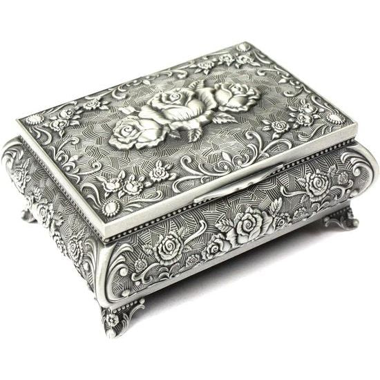 Sieradendoosje van metaal in antieke look, bloemenmotief met 3 rozen