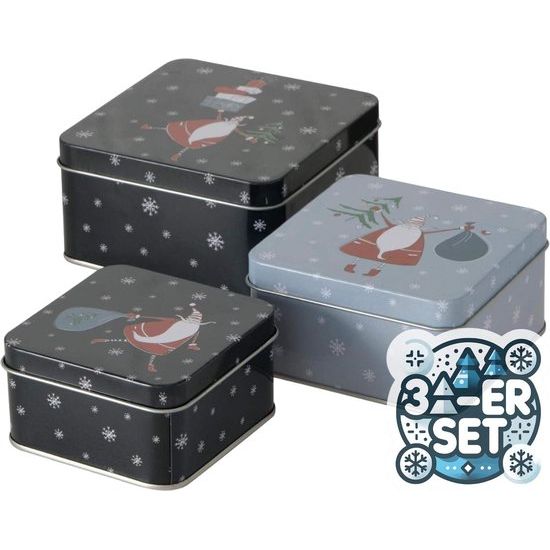 Set van 3 metalen koekjesdozen koekjesdoos vierkant zwart grijs Kerstman gesorteerd 9-12 cm