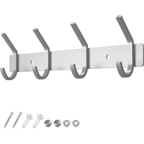 Garderobe haken, 4 haken, garderobe frame, geborsteld roestvrij staal, voor jassen, Jurken, draagvermogen tot 20 kg, haak frame voor hal en vestibule, 27 cm (Zilver, 1 stuk)