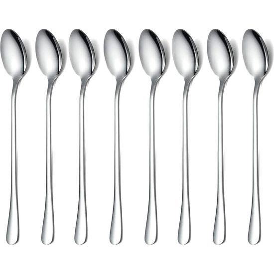 Lepel met lange steel, koffieroerder, premium roestvrijstalen koffielepel, ijslepel, cocktailmenglepel, theelepel, set van 8 (zilver)