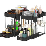 2-delige keukenorganizerset met 2 niveaus, plank voor onder de gootsteen, lade-organizer, optilbare gootsteenplank met 8 haken, 16 antislippads en 2 hangende kopjes, plank voor de vaatwasser, keukenorganizer