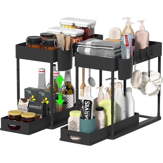 2-delige keukenorganizerset met 2 niveaus, plank voor onder de gootsteen, lade-organizer, optilbare gootsteenplank met 8 haken, 16 antislippads en 2 hangende kopjes, plank voor de vaatwasser, keukenorganizer
