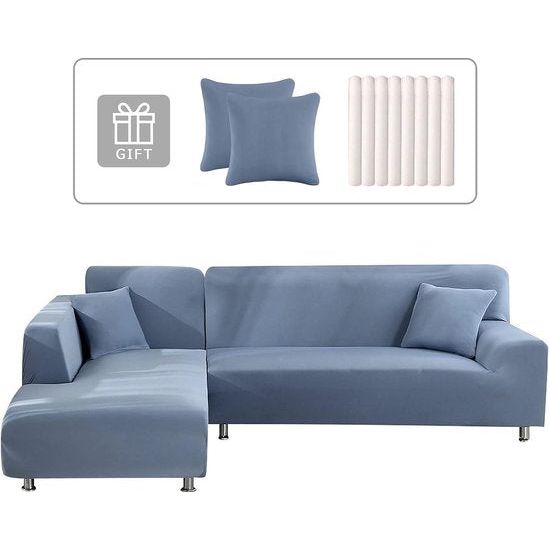 Bankhoes Hoekbank L-vorm Bankspreien Stretch bankhoes L-vorm rechts of links met twee kussenhoezen Wasbaar Universele bankhoes L-vorm Bankhoes L-vorm (2-zits en 2-zits, blauwgrijs)