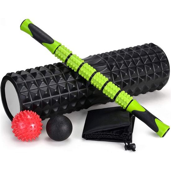 5-in-1, foamroller, met rollerstick en massageballen voor fasciatraining van de Spieren, Zwart