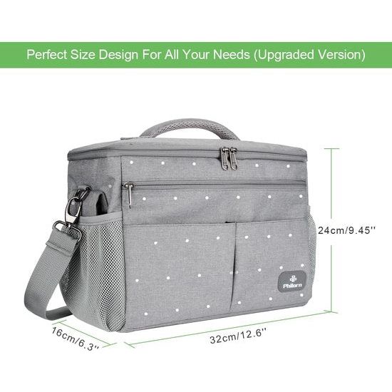 Pram Organiser with Insulated Drink Holder, Shoulder Strap, Large Capacity, Universal Baby Pram Bag, Grey with Dots