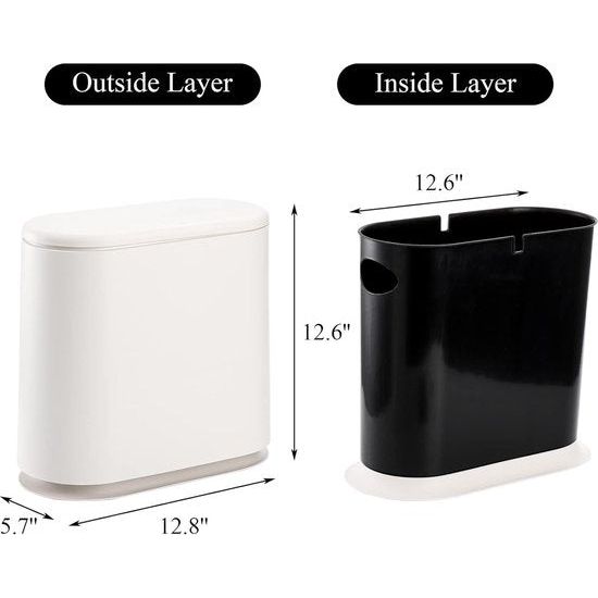 Plastic afvalbak van 2,2 gallon/10 liter met drukdeksel, ovale smalle prullenmand, prullenbak, badkamer, prullenbak voor woonkamer, slaapkamer, keuken, kantoor, gemakkelijk schoon te maken, wit.