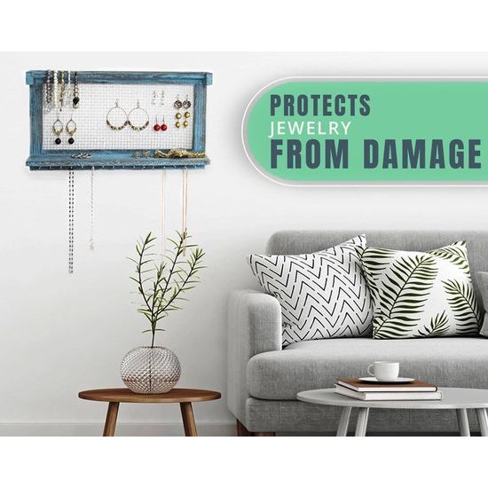 Boho-Chic Organizer voor sieraden, wandrek met afneembare armbandstang, met 16 haken, perfecte opslag voor oorringen, halskettingen en armbanden, sieradendisplay