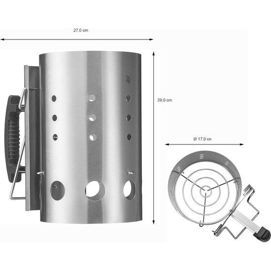 BBQ-haard 29 x 17 x 27 cm, barbecuehaard voor houtskool of briketten, roestvrij staal, vuurkoolaansteker met handvat en schenkhulp