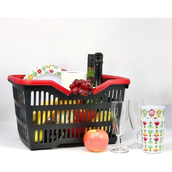 2 x kunststof boodschappenmand met handvat - draagmand voor transport - stevige kunststof mand in zwart/rood - 39,5 x 29 x 22,5 cm (002 stuks - zwart/rood)