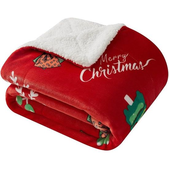 Kerstdeken, Sherpa deken, zacht, dik, warm, comfortabele fleecedeken, bankdeken, woondeken, bankdeken, flanellen deken, knuffeldeken, rood, kerstman, sneeuwpop, 127 x 152 cm