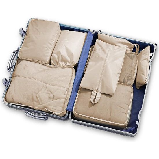 Kofferorganizer, 9-delige set, multifunctionele reis-kledingtassen, waterdicht, pakkubus, compressible voor vakantie, met schoenentas, make-uptas, paktassen, beige