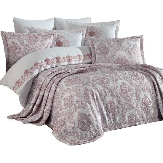 Beddengoedset, sprei 220 x 240 cm en 2 kussenslopen van 50 x 70 cm, sprei, sprei, jacquard, geweven woondeken, zacht en modern, roze