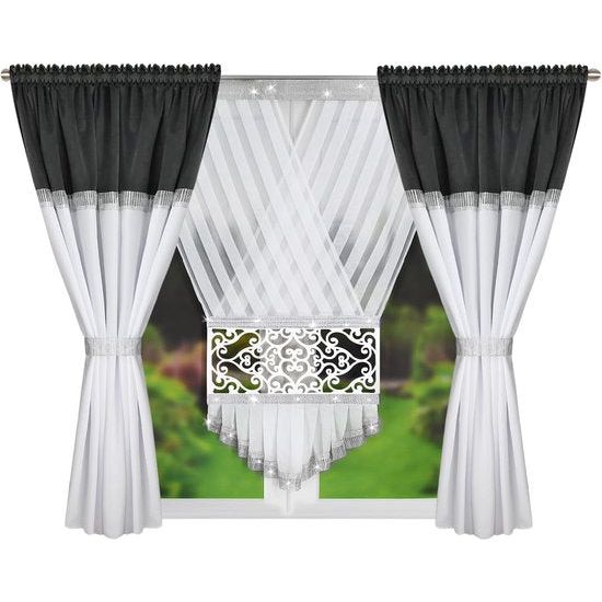 Stores gordijnen met plooiband en 2 x gordijnen, keukengordijnen, vitrages & korte gordijnen, schuifgordijnen in landelijke stijl, gordijnset korte gordijnen (grijs)