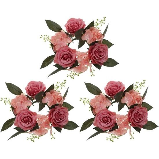 Set van 3 kaarsenringen voor conische kaarsen, rozen kaarsenkrans, bloemenkrans, decoratieve krans, rozenkoppen krans, hanger voor Pasen, bruiloft, Valentijnsdag, middenstukken, tafeldecoratie, roze.