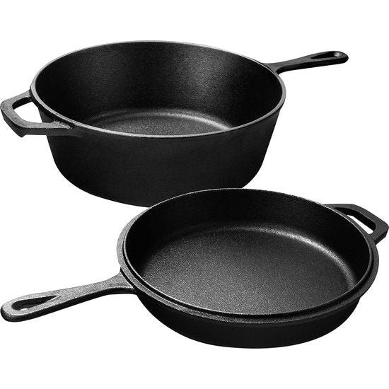 Voorgekruide Dutch Oven vuurpan, dubbele functie, braadpan, gietijzeren pan voor fornuis en camping, voor buiten en binnen, 3 l/3,2 quart kookset (2-in-1)